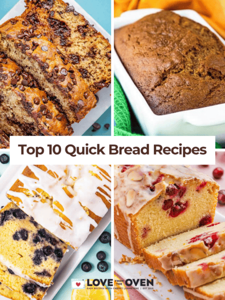 four different quick breads in a collage with text that reads top 10 quick bread recipes