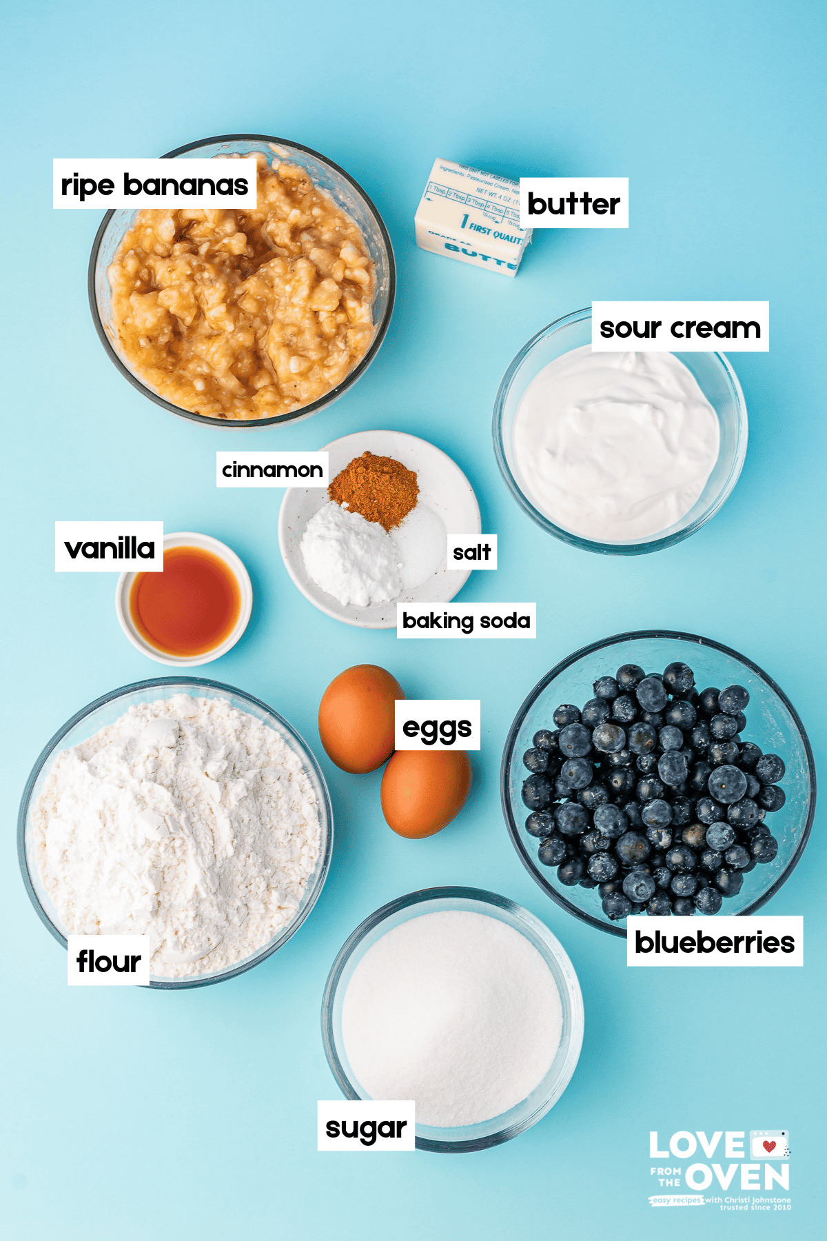 Ingredients laid out to make blueberry banana bread.