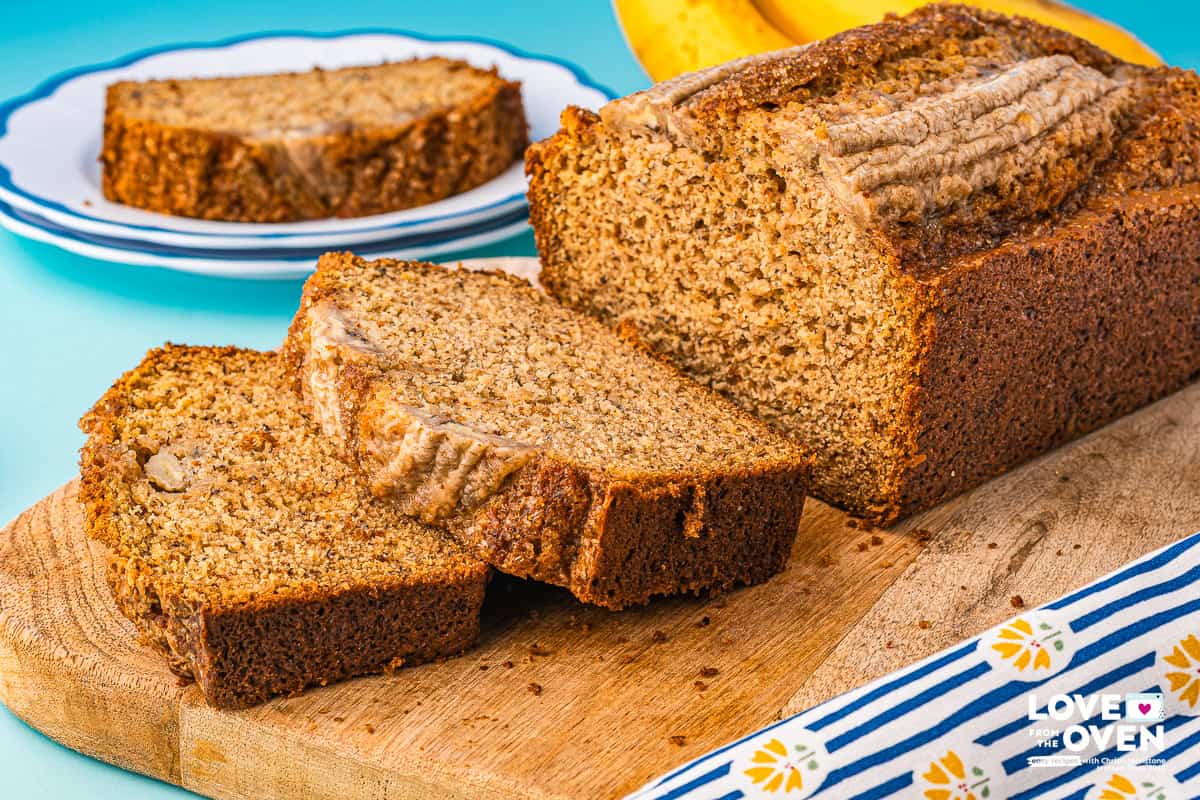 a loaf of brown butter banana bread sliced into