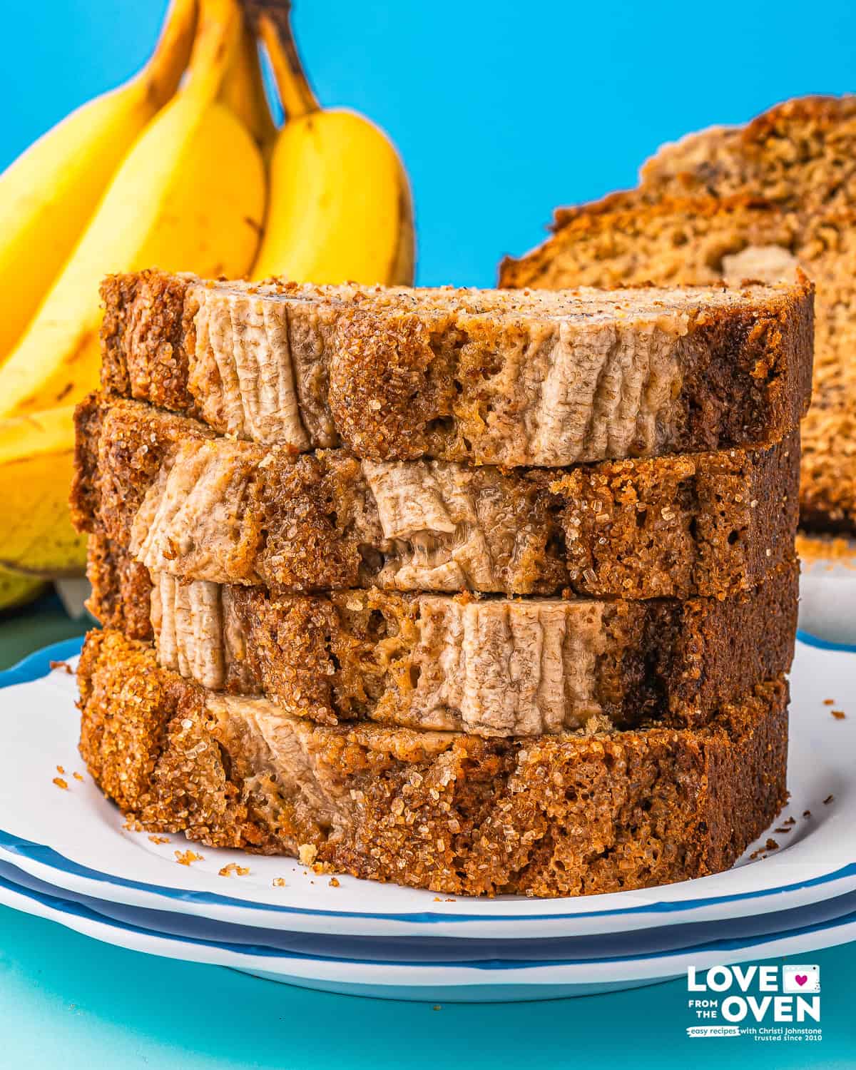 a stack of brown butter banana bread slices