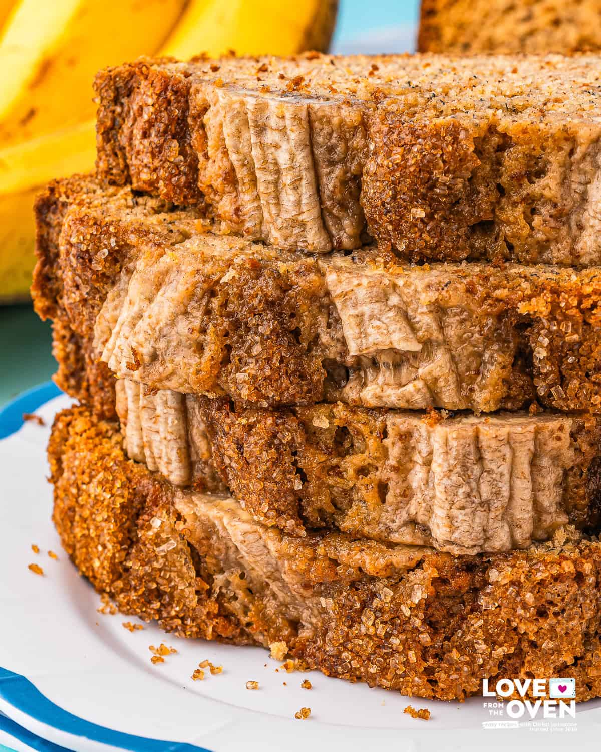 a stack of brown butter banana bread on a plate