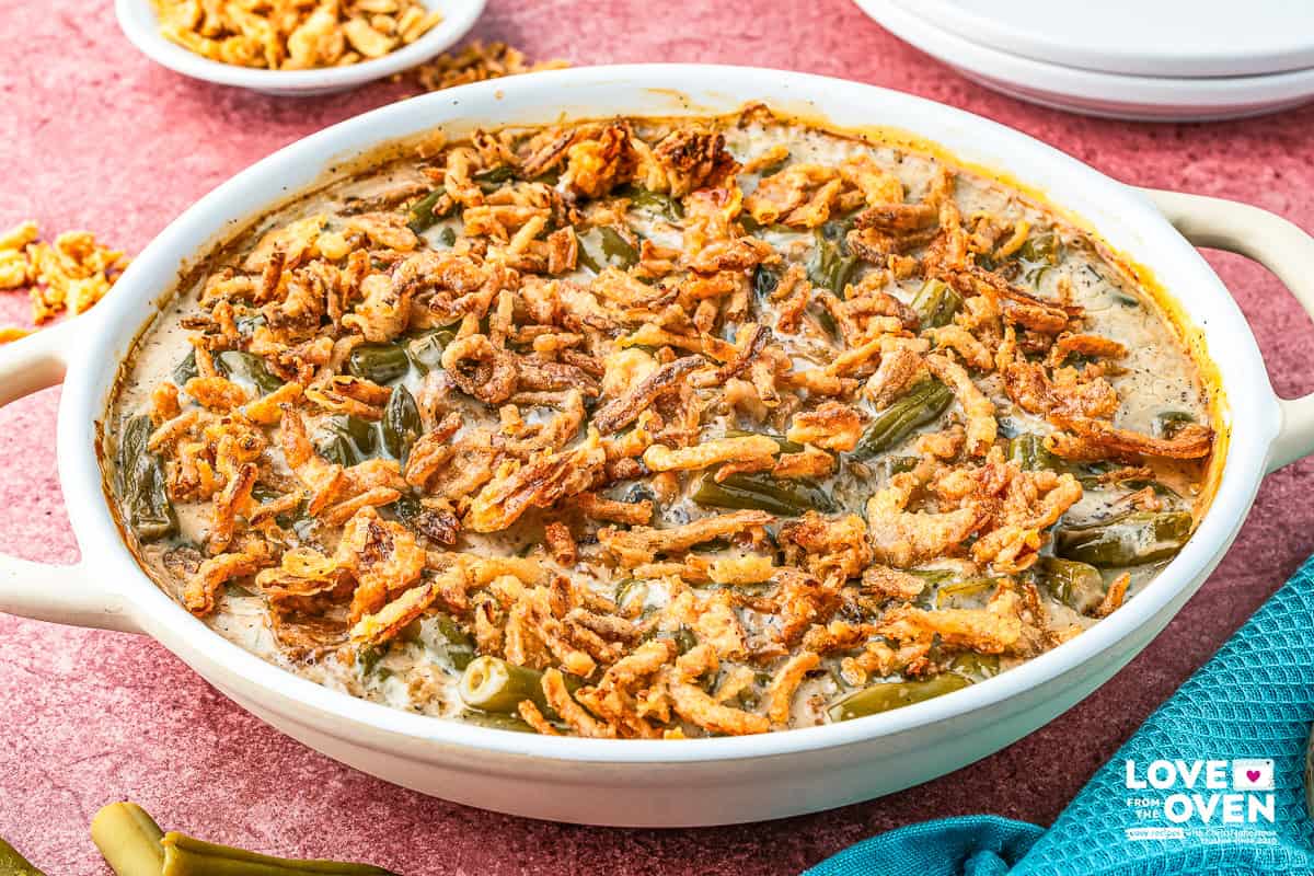 baked Campbell's Green Bean Casserole in a baking dish