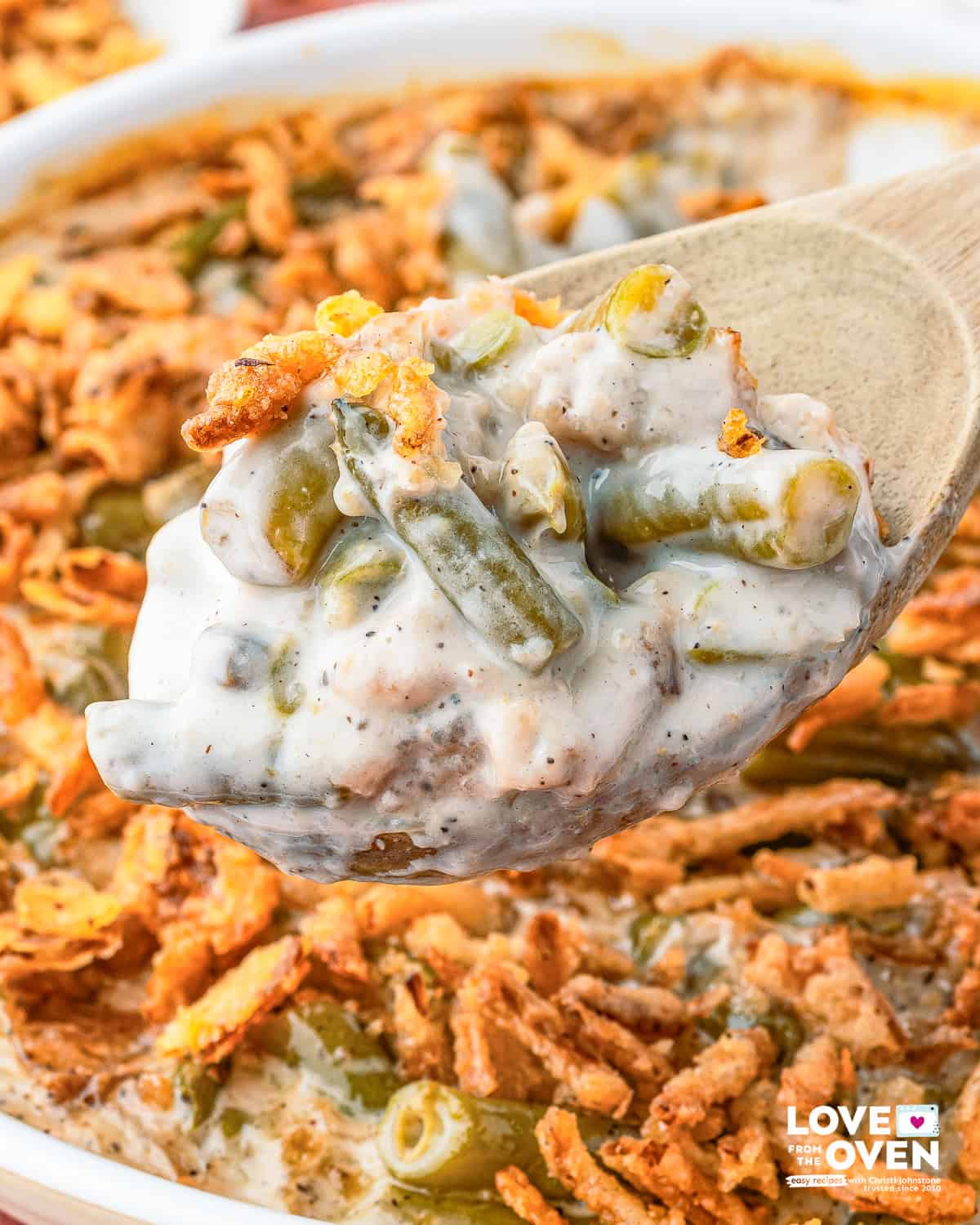a close view of a spoonful of Campbell's Green Bean Casserole