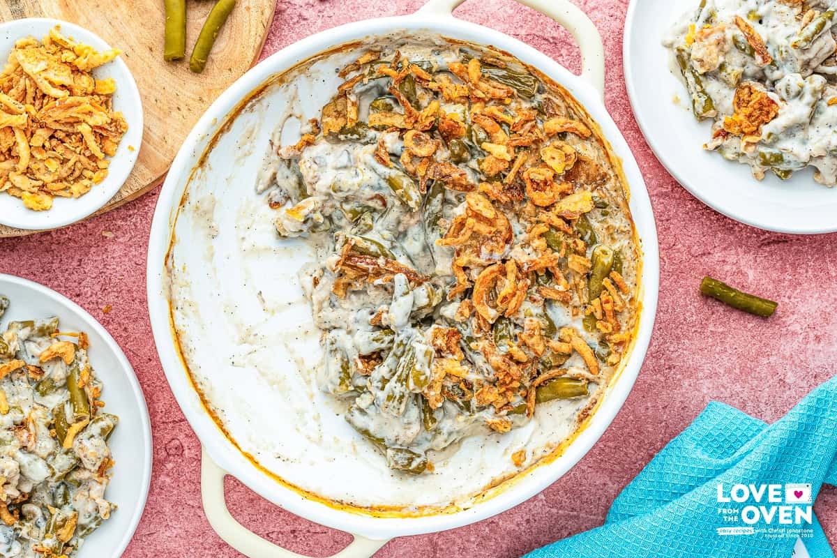 Campbell's Green Bean Casserole with a portion taken out of the baking dish
